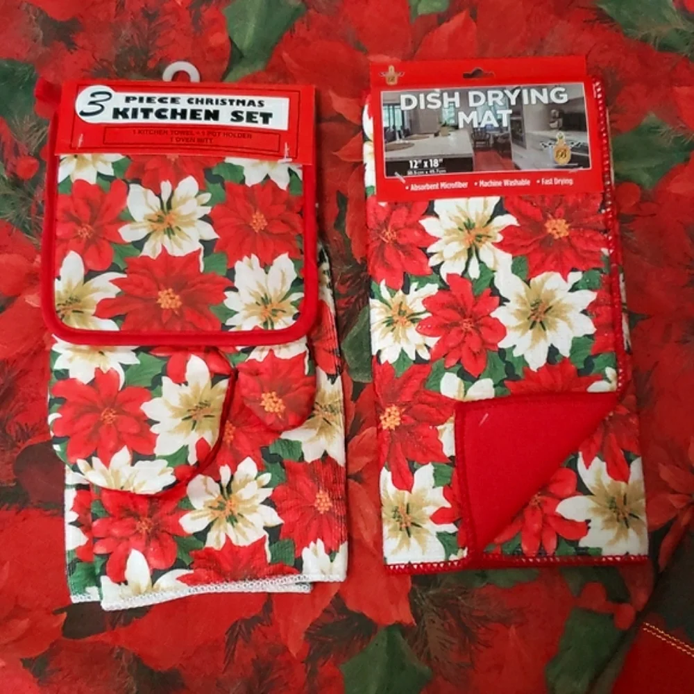 Drying Mat + Christmas 3 piece Kitchen Towels Set